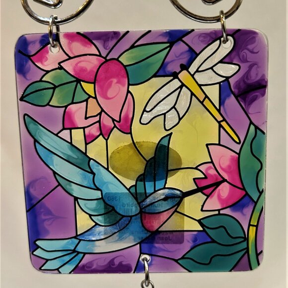 Joan Baker Designs Hand Painted Glass Suncatcher 3" Square Hummingbird Floral - Picture 4 of 4